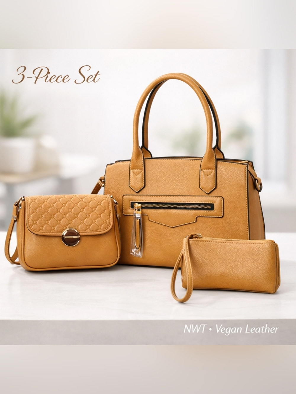 NWT La Terre 3-Piece Vegan Leather Bag Set Camel Tan Satchel Crossbody Wristlet